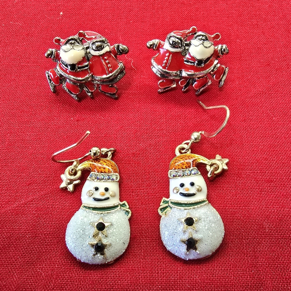 Christmas Holiday Earrings 2 Sets Dangling Snowman & Mr. & Mrs. Claus Posts